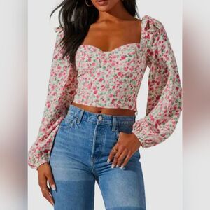 ASTR The Label Pink Floral Tie Shoulder Long Sleeve Crop Shirt Size Medium